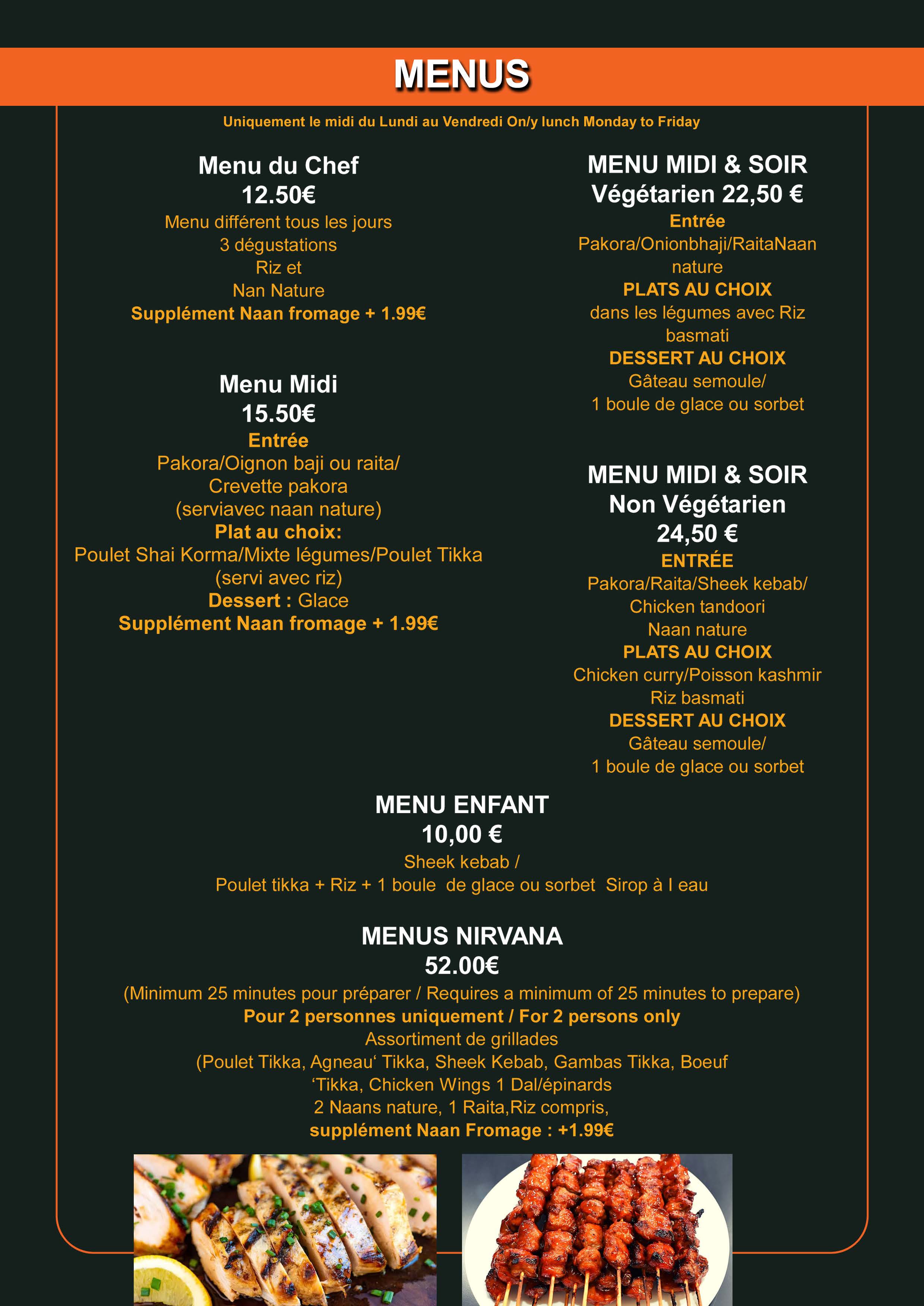 menu du restaurant